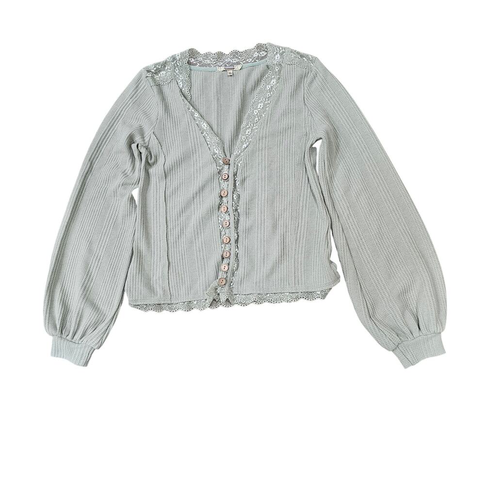 Gimmicks Lace Trim Waffle Knit Top Light Sage Green Long Sleeve Sz.L